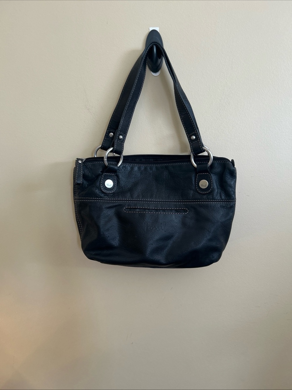 Fossil Hanover Black Leather Shoulder Bag with Double Straps